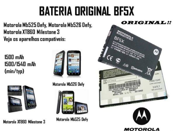 Bateria Motorola mod. BF5X - MB525 DEFY,  MB526 DEFY +,  XT3